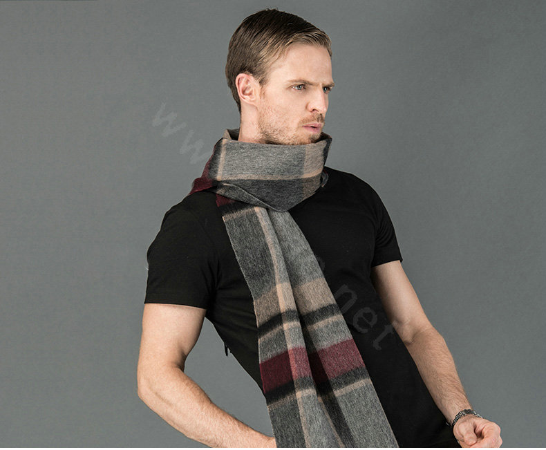 Fashion England Lattice Long Wool Scarf Man Winter Thicken Cashmere Tassels Muffler - Red+Gray