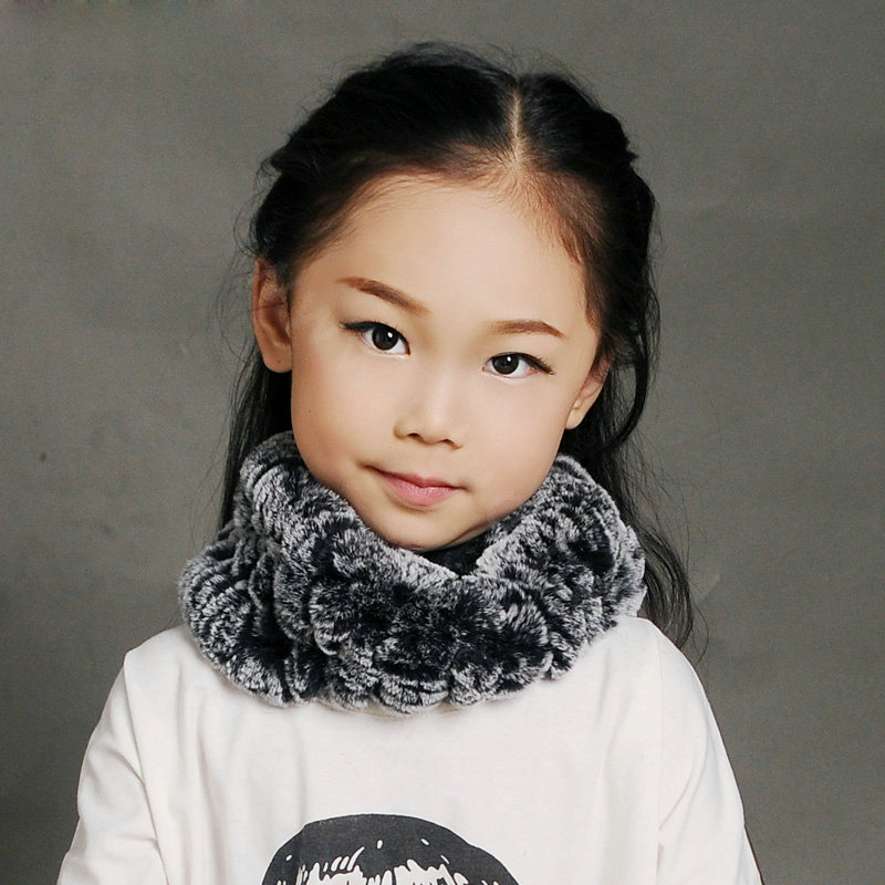 Fashion Kids Knitted Rex Rabbit Fur Scarf Children Winter Thicken Baby Neck Wrap Fur Collar - Gray+Black