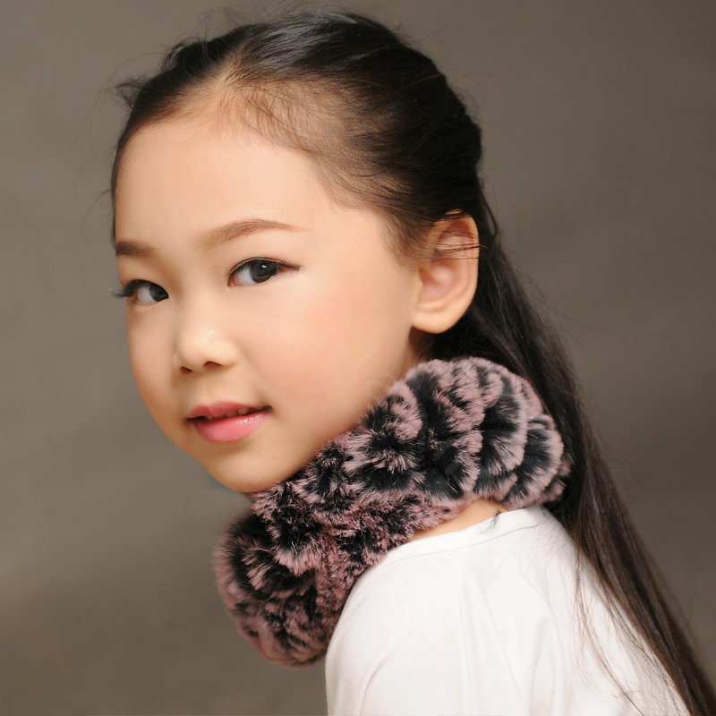 Fashion Kids Knitted Rex Rabbit Fur Scarf Children Winter Thicken Baby Neck Wrap Fur Collar - Pink+Black