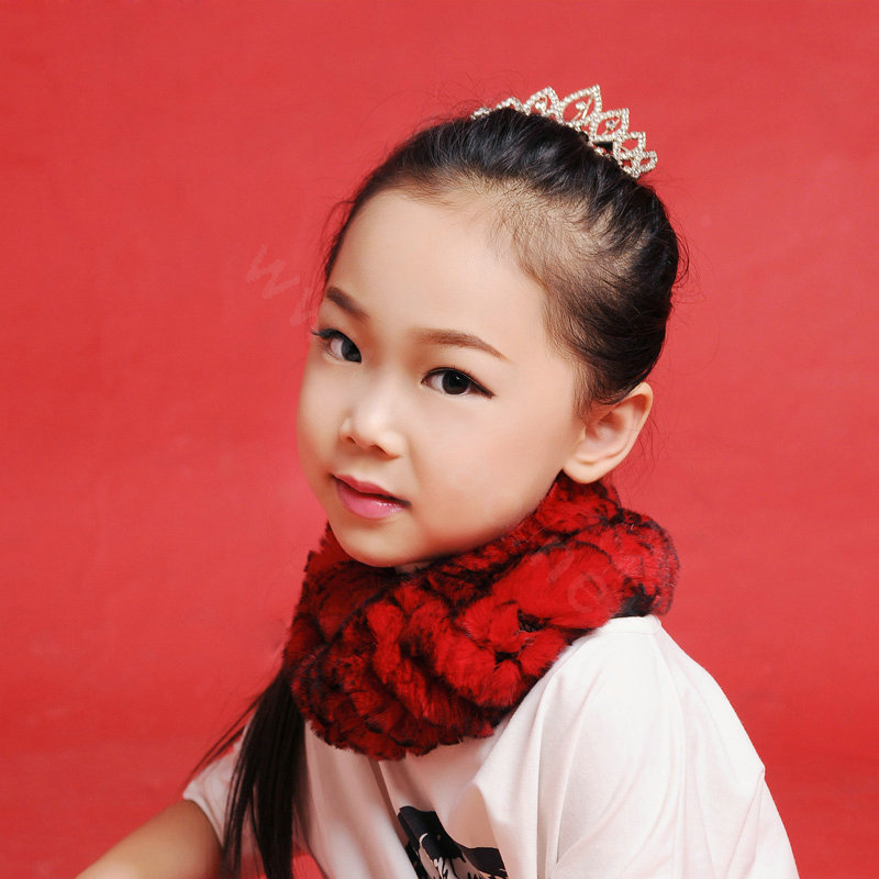 Fashion Kids Knitted Rex Rabbit Fur Scarf Children Winter Thicken Baby Neck Wrap Fur Collar - Red+Black