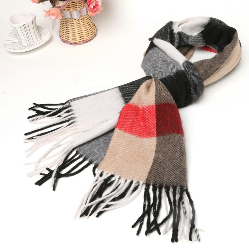 Fashion Plaid Long Wool Scarf Man Winter Thicken Business Casual Cashmere Tassels Muffler - Black Camel