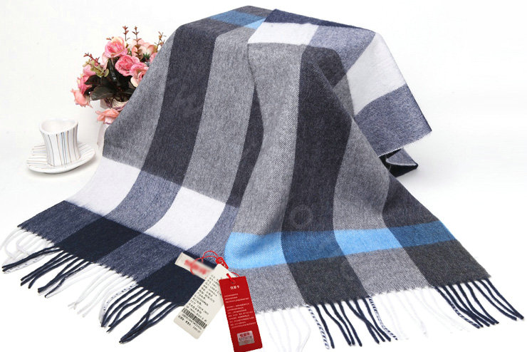 Fashion Plaid Long Wool Scarf Man Winter Thicken Business Casual Cashmere Tassels Muffler - Blue Gray