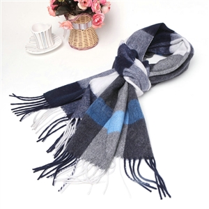 Fashion Plaid Long Wool Scarf Man Winter Thicken Business Casual Cashmere Tassels Muffler - Blue Gray