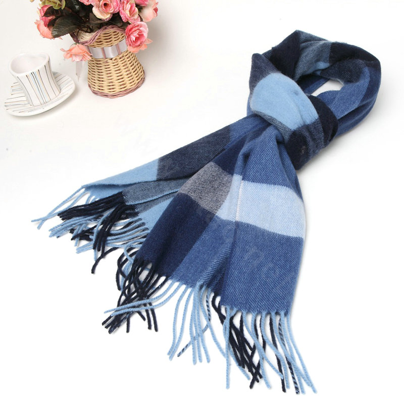 Fashion Plaid Long Wool Scarf Man Winter Thicken Business Casual Cashmere Tassels Muffler - Blue