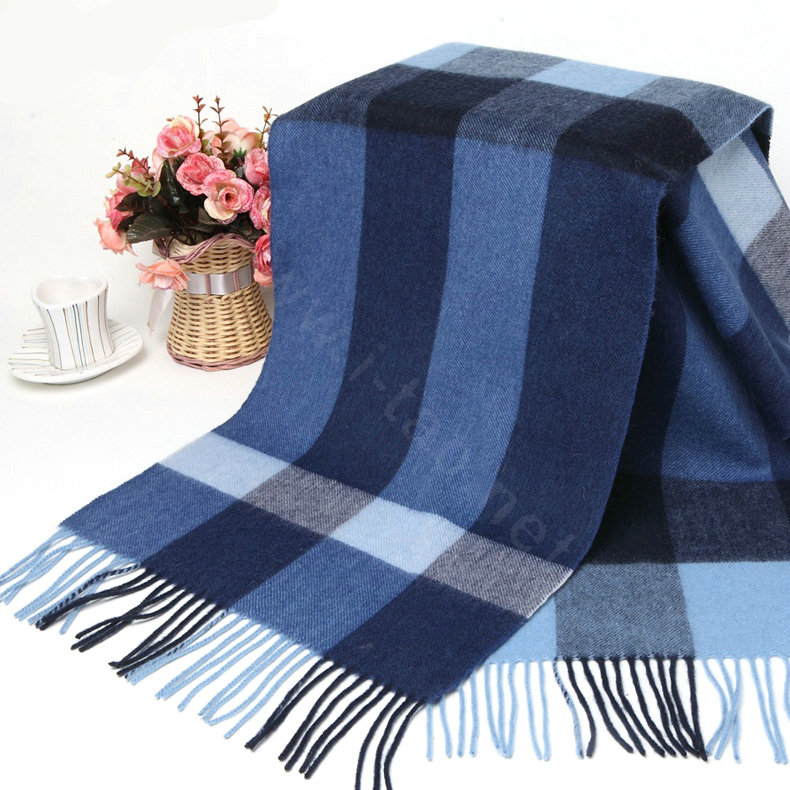 Fashion Plaid Long Wool Scarf Man Winter Thicken Business Casual Cashmere Tassels Muffler - Blue