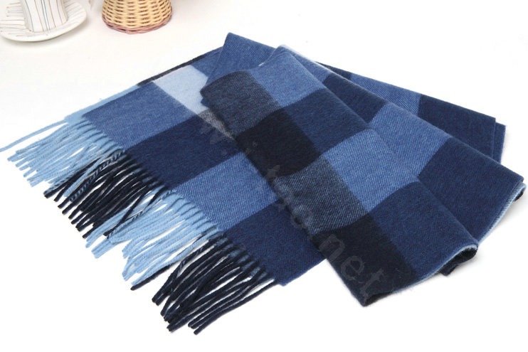 Fashion Plaid Long Wool Scarf Man Winter Thicken Business Casual Cashmere Tassels Muffler - Blue