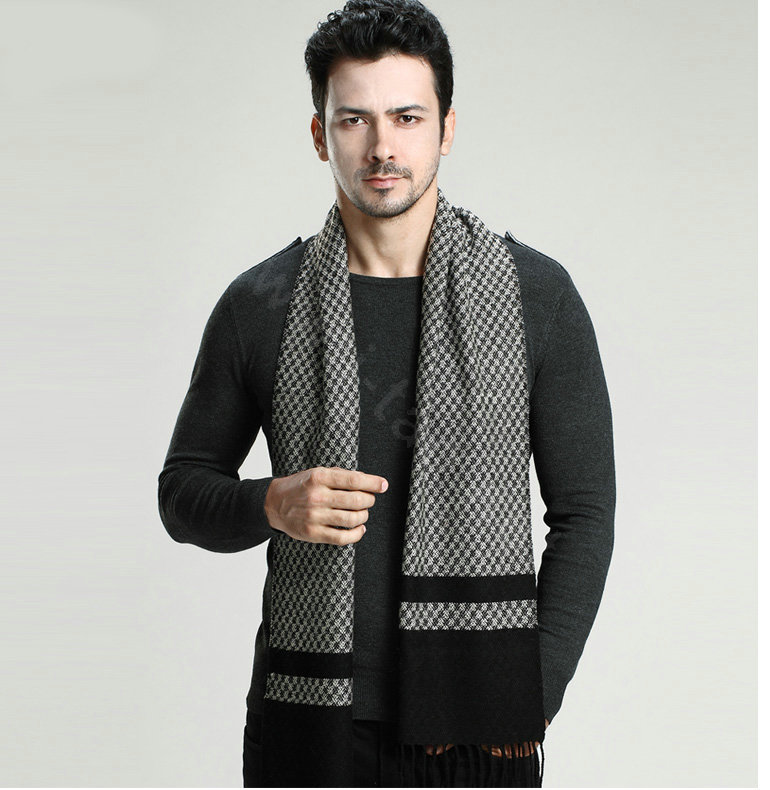 Fashion Retro Britain Lattice Wool Scarf Man Winter Thicken Cashmere Tassels Muffler - Black