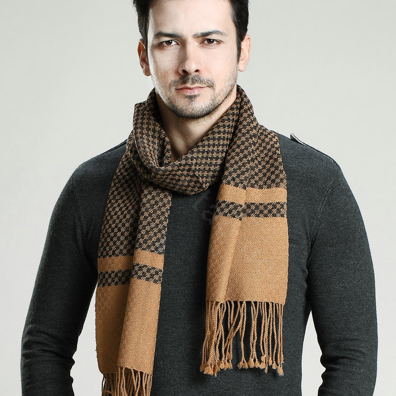 Fashion Retro Britain Lattice Wool Scarf Man Winter Thicken Cashmere Tassels Muffler - Camel