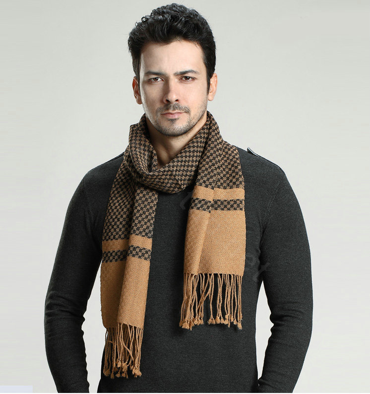 Fashion Retro Britain Lattice Wool Scarf Man Winter Thicken Cashmere Tassels Muffler - Camel