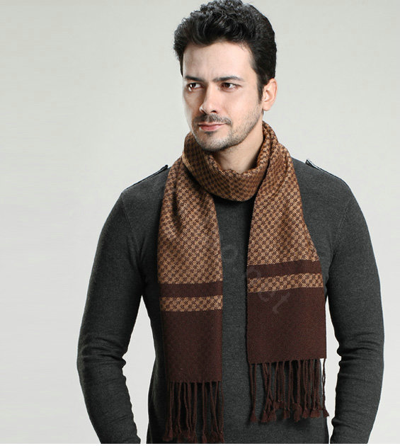 Fashion Retro Britain Lattice Wool Scarf Man Winter Thicken Cashmere Tassels Muffler - Coffee