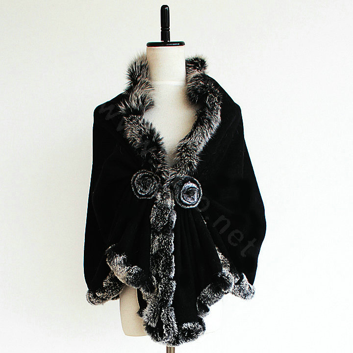 Genuine Wool Shawls Fox fur Thicken Scarf Women Winter Warm Solid Color Pashmina Poncho - Black