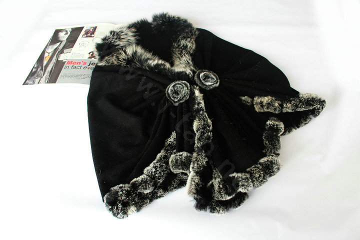 Genuine Wool Shawls Fox fur Thicken Scarf Women Winter Warm Solid Color Pashmina Poncho - Black