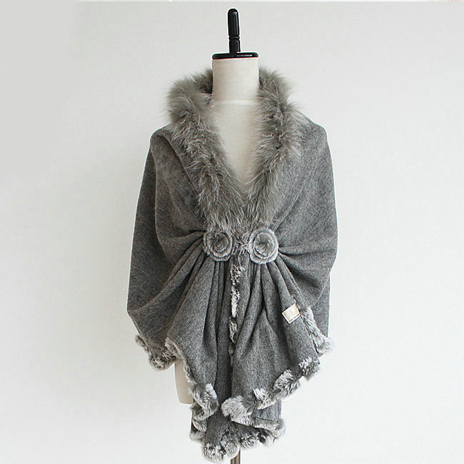 Genuine Wool Shawls Fox fur Thicken Scarf Women Winter Warm Solid Color Pashmina Poncho - Gray