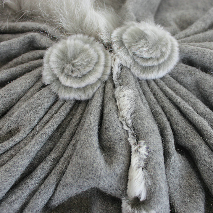 Genuine Wool Shawls Fox fur Thicken Scarf Women Winter Warm Solid Color Pashmina Poncho - Gray
