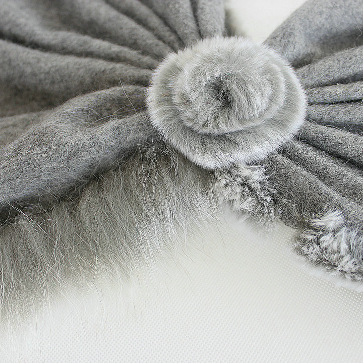 Genuine Wool Shawls Fox fur Thicken Scarf Women Winter Warm Solid Color Pashmina Poncho - Gray