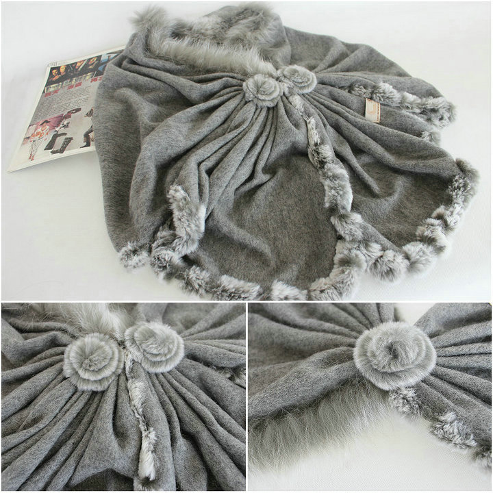 Genuine Wool Shawls Fox fur Thicken Scarf Women Winter Warm Solid Color Pashmina Poncho - Gray