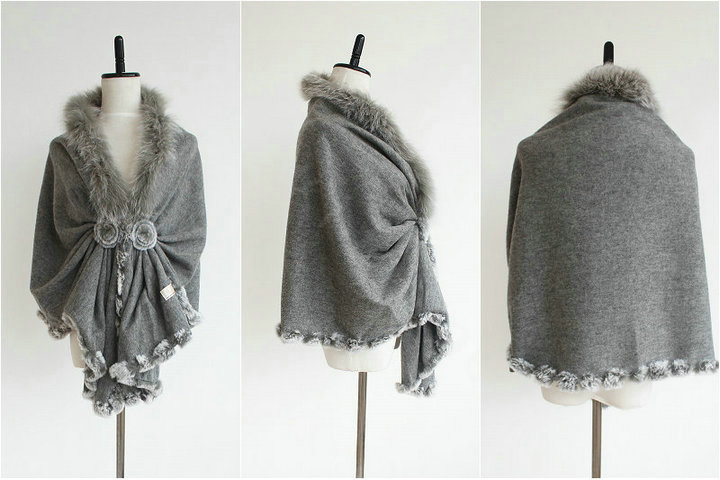 Genuine Wool Shawls Fox fur Thicken Scarf Women Winter Warm Solid Color Pashmina Poncho - Gray
