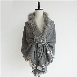 Genuine Wool Shawls Fox fur Thicken Scarf Women Winter Warm Solid Color Pashmina Poncho - Gray