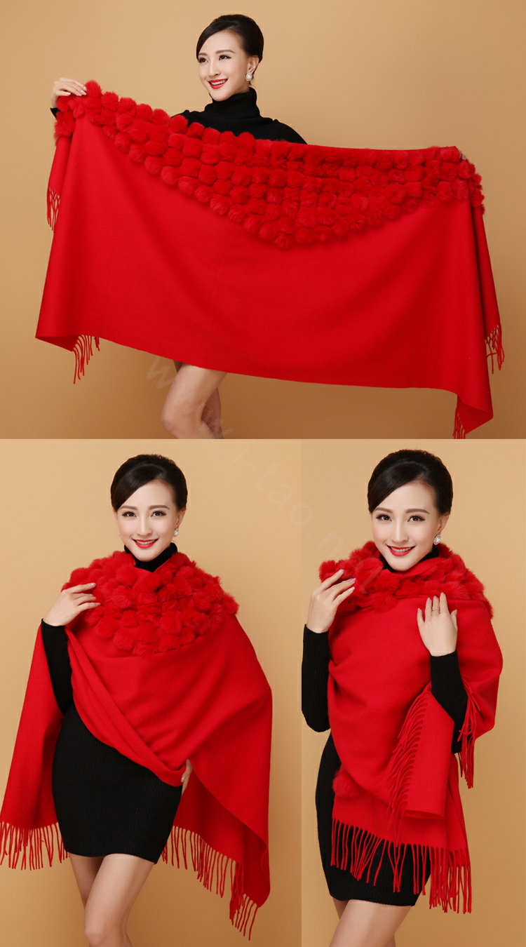 Genuine Wool Shawls Rabbit Fur Ball Scarf Women Thicken Warm Solid Color Bride wedding Cape - Red