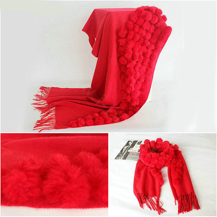 Genuine Wool Shawls Rabbit Fur Ball Scarf Women Thicken Warm Solid Color Bride wedding Cape - Red