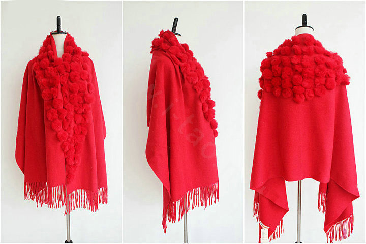 Genuine Wool Shawls Rabbit Fur Ball Scarf Women Thicken Warm Solid Color Bride wedding Cape - Red