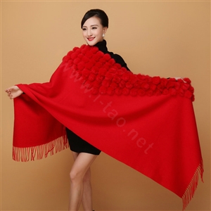 Genuine Wool Shawls Rabbit Fur Ball Scarf Women Thicken Warm Solid Color Bride wedding Cape - Red