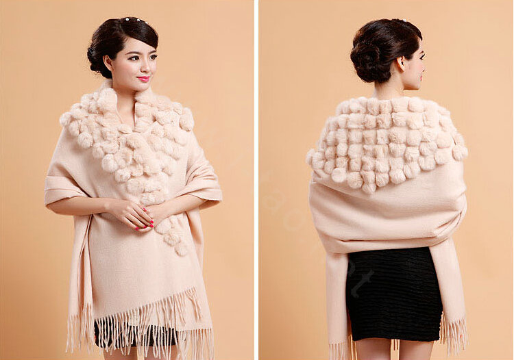 Genuine Wool Shawls Rabbit Fur Ball Thicken Scarf Women Winter Warm Solid Color Pashmina Cape - Beige
