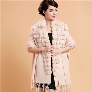 Genuine Wool Shawls Rabbit Fur Ball Thicken Scarf Women Winter Warm Solid Color Pashmina Cape - Beige
