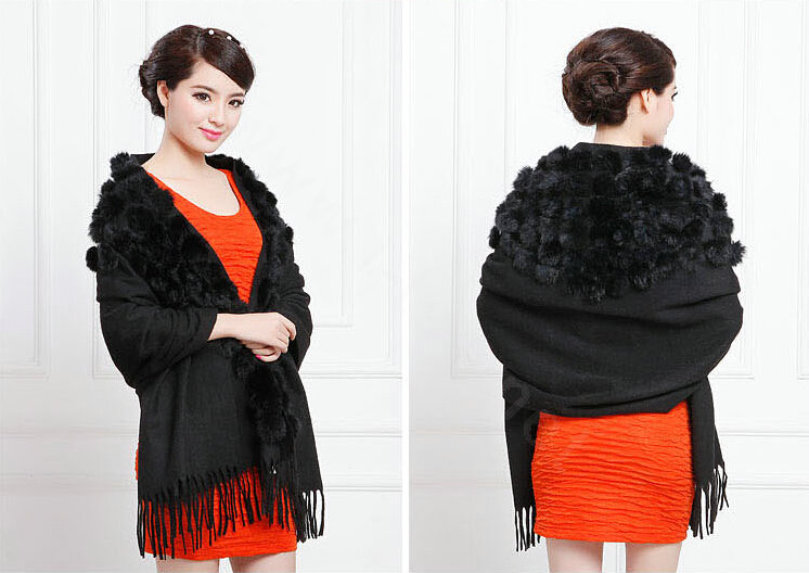 Genuine Wool Shawls Rabbit Fur Ball Thicken Scarf Women Winter Warm Solid Color Pashmina Cape - Black