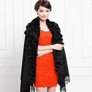 Genuine Wool Shawls Rabbit Fur Ball Thicken Scarf Women Winter Warm Solid Color Pashmina Cape - Black