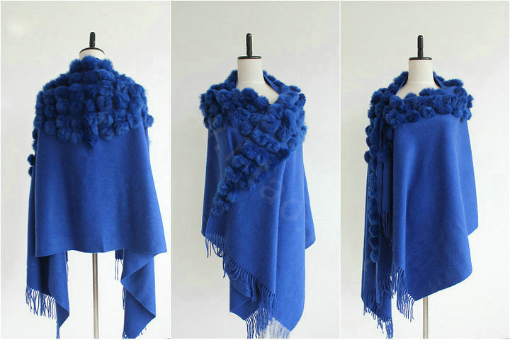 Genuine Wool Shawls Rabbit Fur Ball Thicken Scarf Women Winter Warm Solid Color Pashmina Cape - Blue