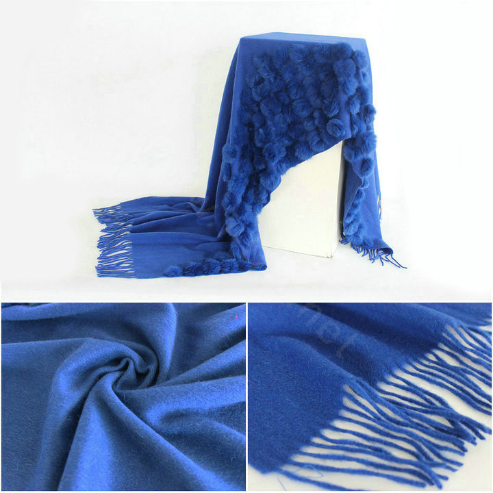 Genuine Wool Shawls Rabbit Fur Ball Thicken Scarf Women Winter Warm Solid Color Pashmina Cape - Blue