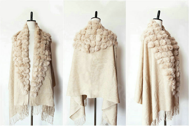 Genuine Wool Shawls Rabbit Fur Ball Thicken Scarf Women Winter Warm Solid Color Pashmina Cape - Camel
