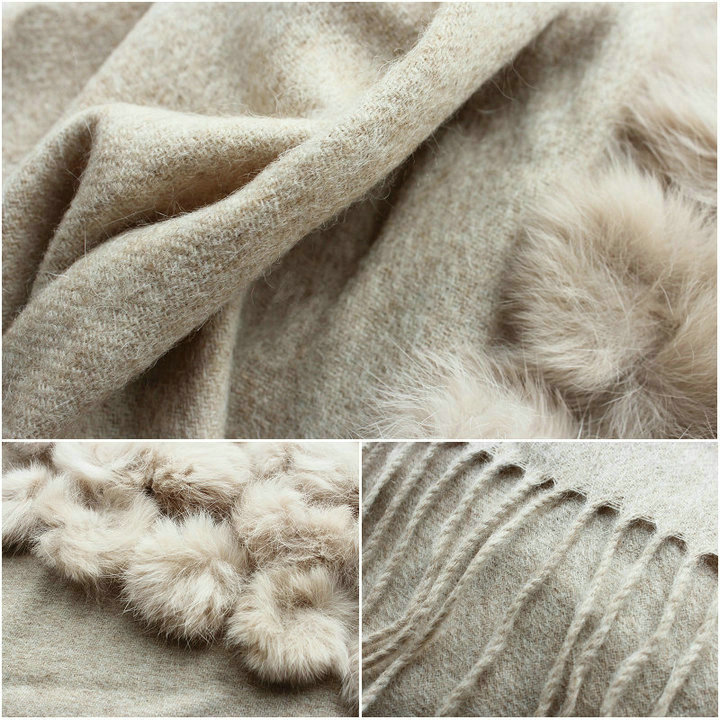 Genuine Wool Shawls Rabbit Fur Ball Thicken Scarf Women Winter Warm Solid Color Pashmina Cape - Camel