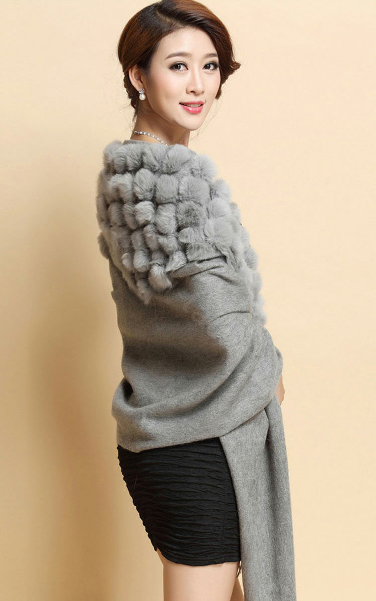 Genuine Wool Shawls Rabbit Fur Ball Thicken Scarf Women Winter Warm Solid Color Pashmina Cape - Gray