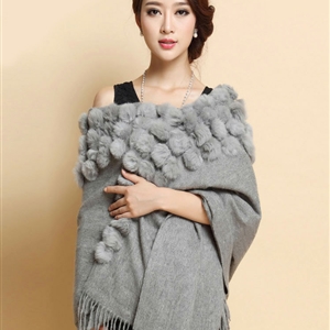 Genuine Wool Shawls Rabbit Fur Ball Thicken Scarf Women Winter Warm Solid Color Pashmina Cape - Gray