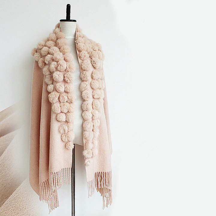 Genuine Wool Shawls Rabbit Fur Ball Thicken Scarf Women Winter Warm Solid Color Pashmina Cape - Light Camel
