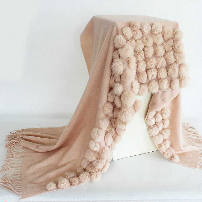 Genuine Wool Shawls Rabbit Fur Ball Thicken Scarf Women Winter Warm Solid Color Pashmina Cape - Light Camel