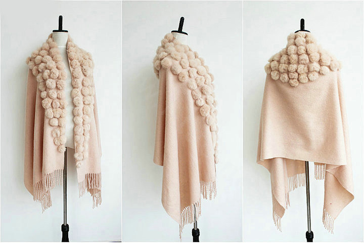 Genuine Wool Shawls Rabbit Fur Ball Thicken Scarf Women Winter Warm Solid Color Pashmina Cape - Light Camel