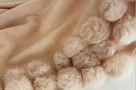 Genuine Wool Shawls Rabbit Fur Ball Thicken Scarf Women Winter Warm Solid Color Pashmina Cape - Light Camel
