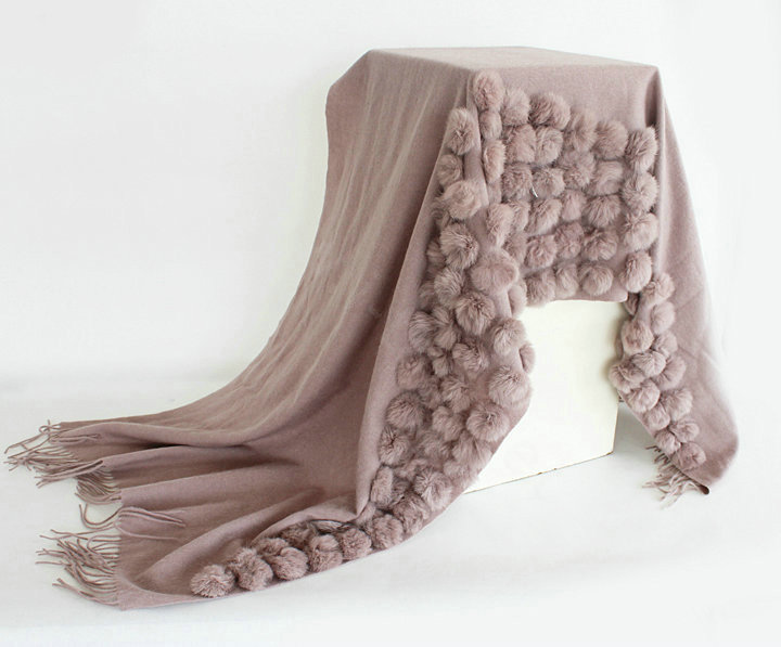 Genuine Wool Shawls Rabbit Fur Ball Thicken Scarf Women Winter Warm Solid Color Pashmina Cape - Light Pink