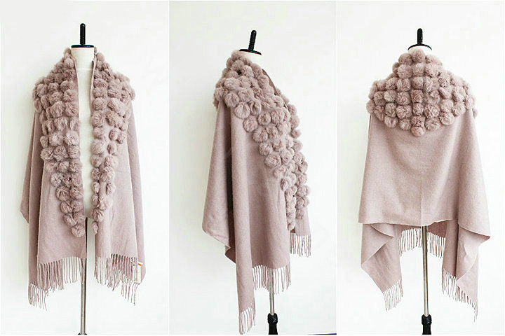 Genuine Wool Shawls Rabbit Fur Ball Thicken Scarf Women Winter Warm Solid Color Pashmina Cape - Light Pink