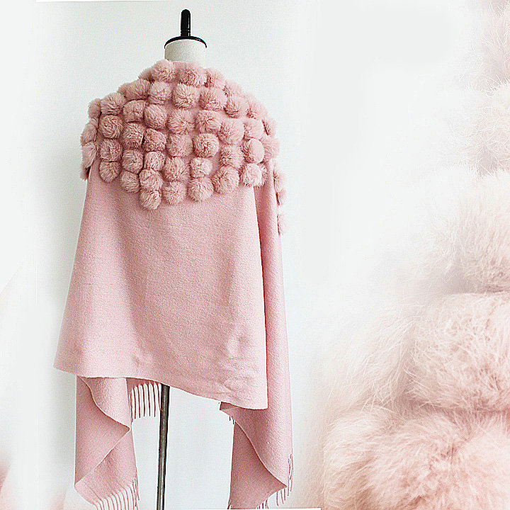 Genuine Wool Shawls Rabbit Fur Ball Thicken Scarf Women Winter Warm Solid Color Pashmina Cape - Pink