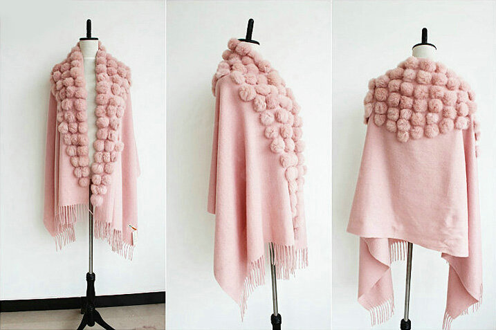 Genuine Wool Shawls Rabbit Fur Ball Thicken Scarf Women Winter Warm Solid Color Pashmina Cape - Pink