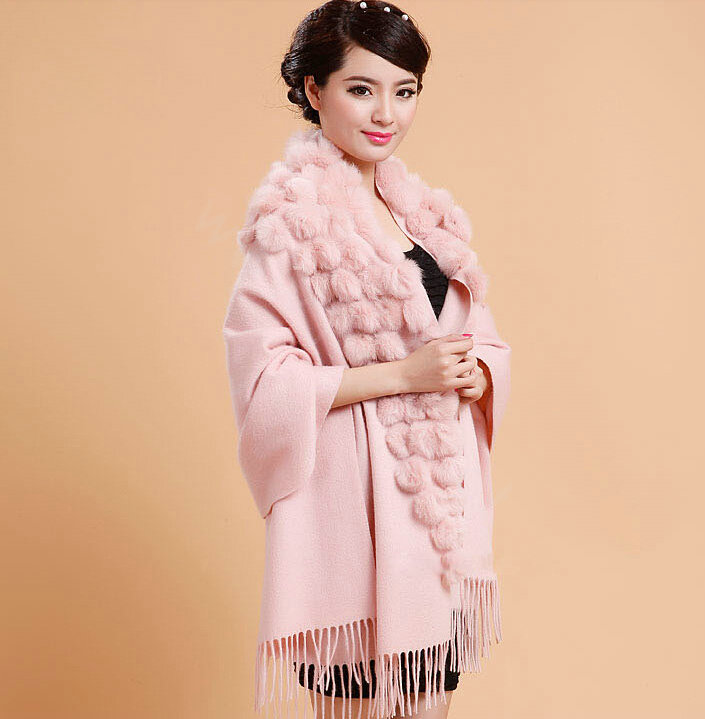 Genuine Wool Shawls Rabbit Fur Ball Thicken Scarf Women Winter Warm Solid Color Pashmina Cape - Pink