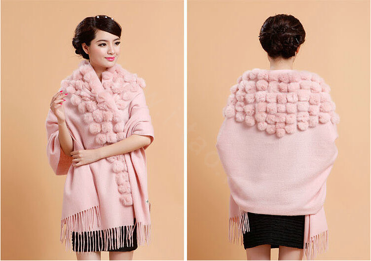 Genuine Wool Shawls Rabbit Fur Ball Thicken Scarf Women Winter Warm Solid Color Pashmina Cape - Pink