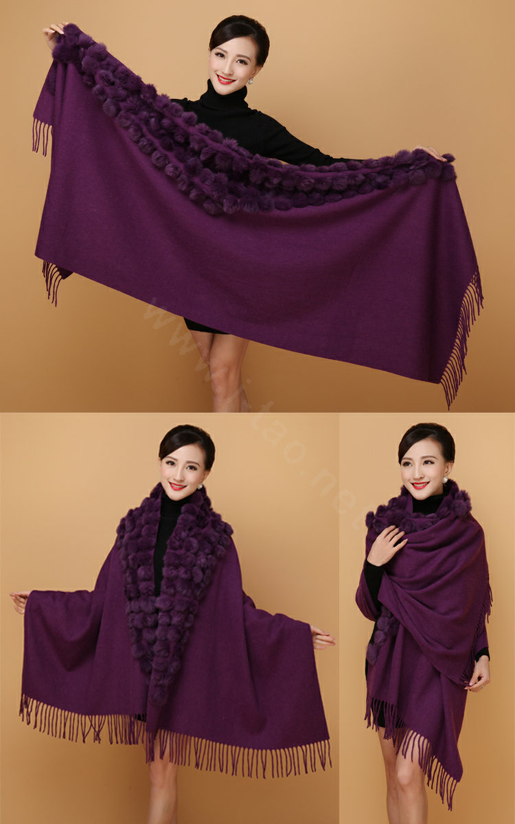 Genuine Wool Shawls Rabbit Fur Ball Thicken Scarf Women Winter Warm Solid Color Pashmina Cape - Purple