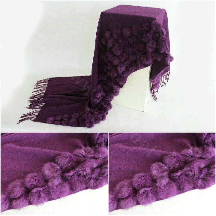Genuine Wool Shawls Rabbit Fur Ball Thicken Scarf Women Winter Warm Solid Color Pashmina Cape - Purple