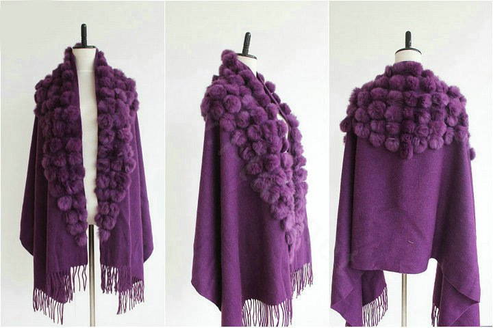 Genuine Wool Shawls Rabbit Fur Ball Thicken Scarf Women Winter Warm Solid Color Pashmina Cape - Purple