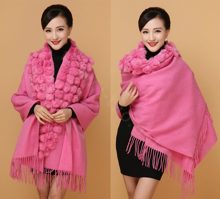 Genuine Wool Shawls Rabbit Fur Ball Thicken Scarf Women Winter Warm Solid Color Pashmina Cape - Rose Pink